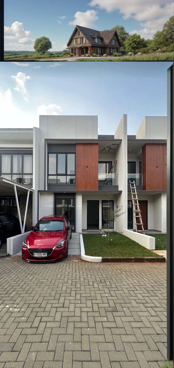 a beautiful house in the countryside, a red sports car parked in the driveway, lush green grass and trees, blue sky with fluffy clouds, detailed architecture, photorealistic, 8k, ultra-detailed, high quality, intricate details, cinematic lighting, vibrant colors, stunning landscape, dramatic shadows, natural atmosphere, seamless composition