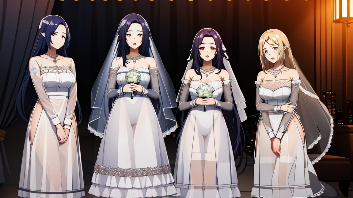 (4girls:1.5),pointy ears,necklace,Gem,Dark Blue hair,Dark Blue Eyes, Bangs,
BREAK (transparent tulle wedding dress with long sleeve and long tail:1.5),
BREAK (Night:1.7), Japan, cyberpunk, CityView, Before Window, Standing at attention,armpits,arm up, expressive eyes,seductive smile, looking at viewer, NSFW,(Full_body),
BREAK (masterpiece:1.2), best quality, high resolution, unity 8k wallpaper, (illustration:0.8), (beautiful detailed eyes:1.6), extremely detailed face, perfect lighting, extremely detailed CG, (perfect hands, perfect anatomy),