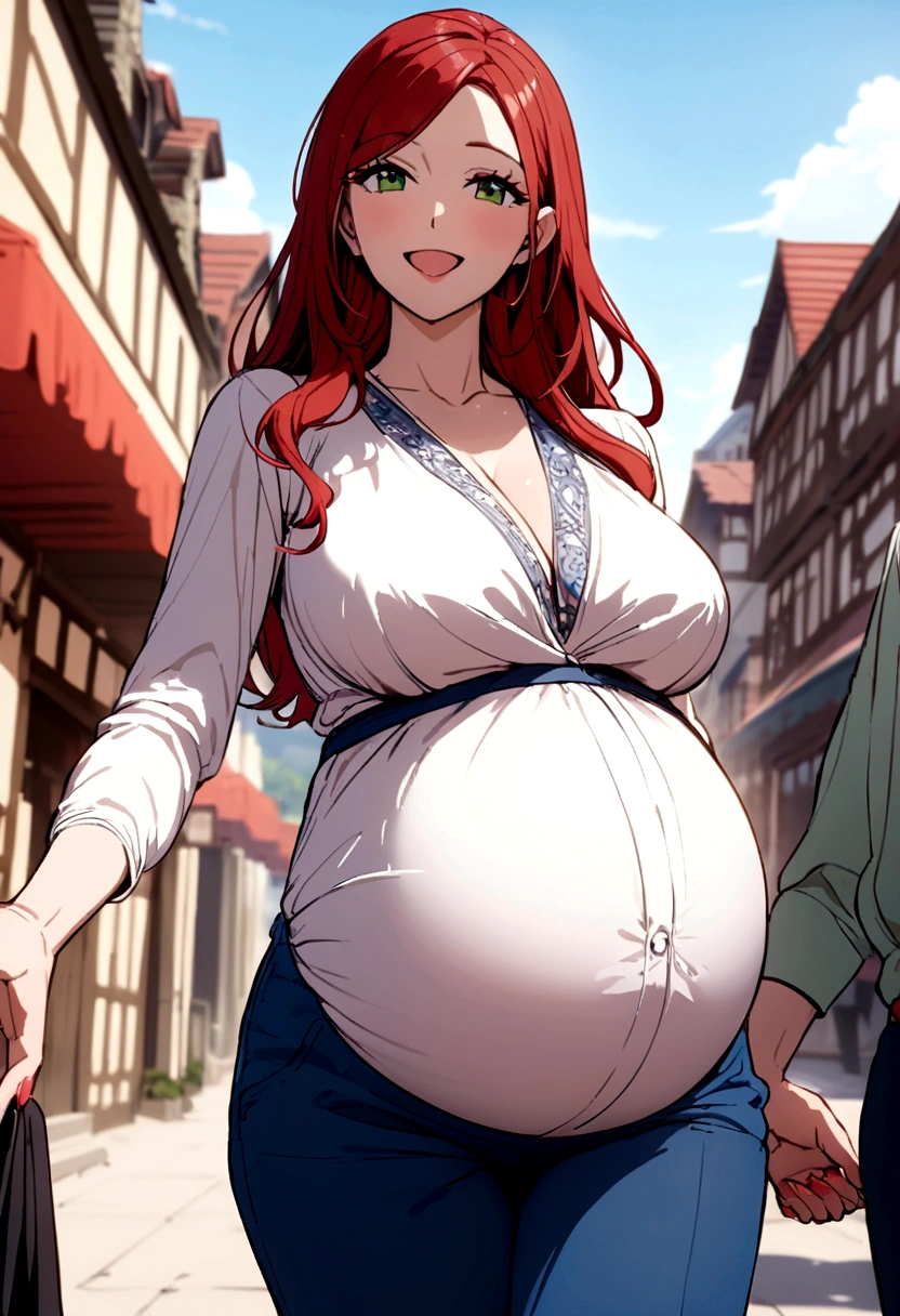 pregnant beautiful and sexy tall milf mom with long red hair, green eyes, white shirt, blue pants, happy