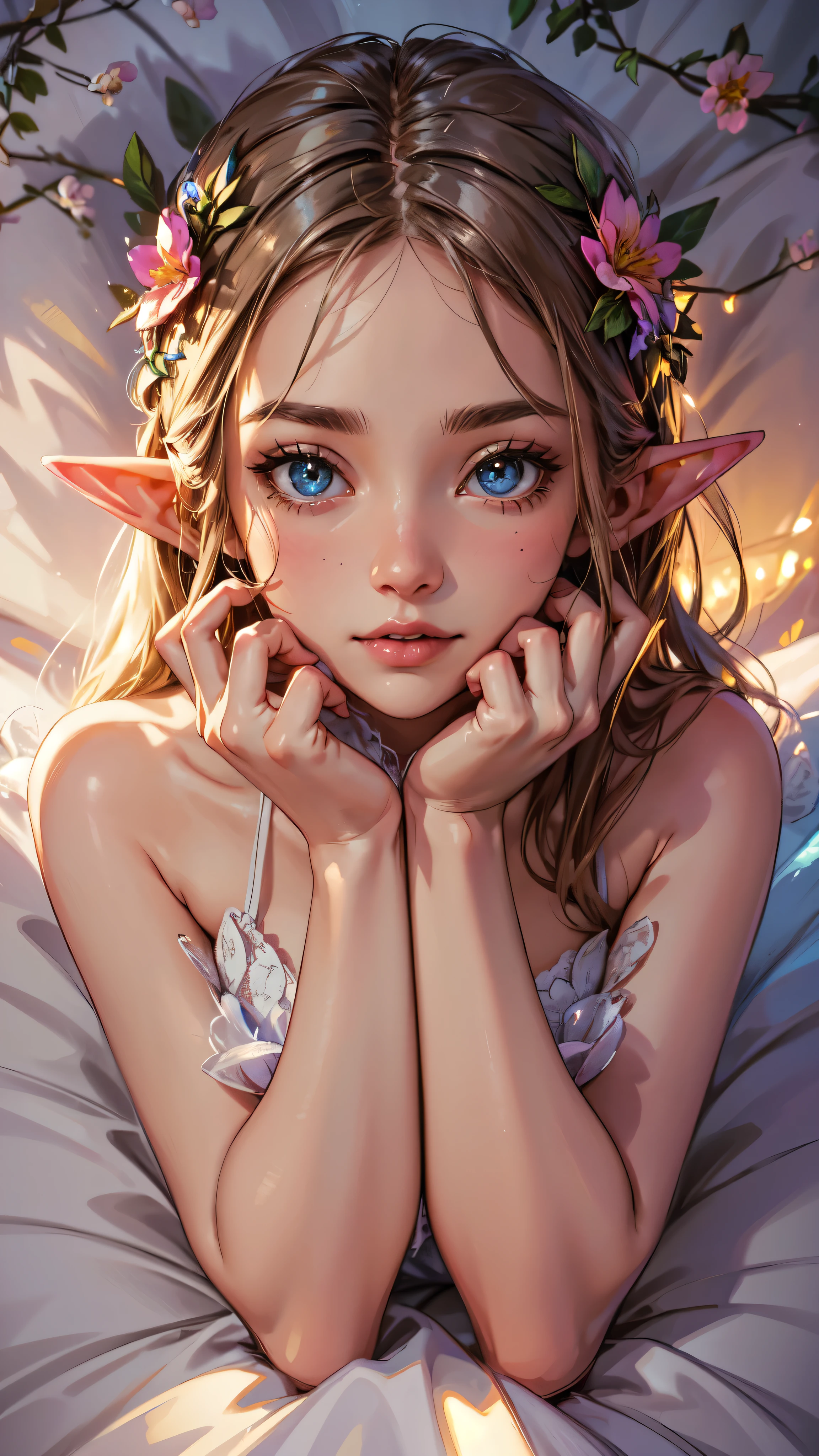 best quality, high-res, ultra-detailed), beautiful woman, detailed face, detailed eyes, long sparkling dress, ht background with light and flowers, neon colors, portraits, soft and warm color tones, ambient lighting, full body, flowers, lights, laying on bed, detailed face, detailed eyes, detailed hands,elf woman