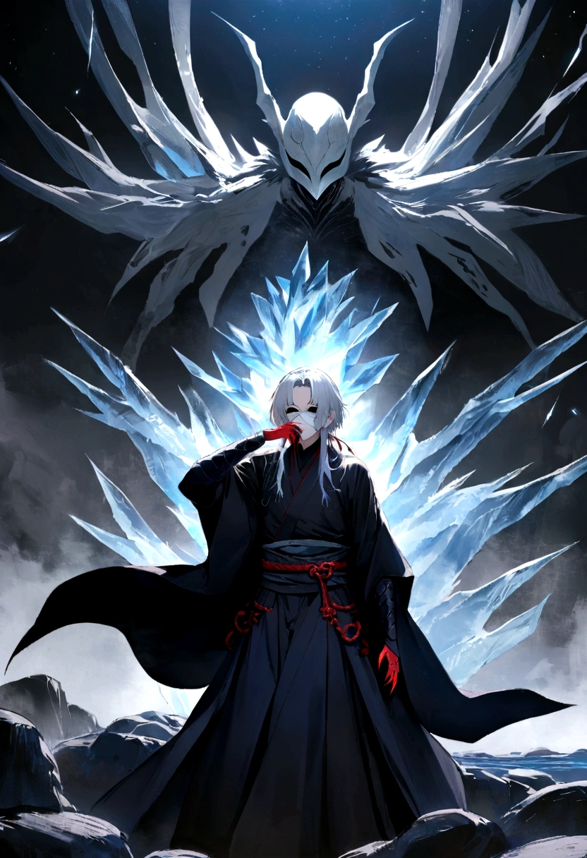 On a serene night, a young ninja with snow-white hair is standing on a rocky ledge, his face hidden by the gray mask of the Tsuchigumo clan. The mask covers the entire length of your face, from the forehead to the chin, adorned with striking red spirals that appear to gently pulse under the moonlight. Dressed in black shinobi clothing that waves gently in the night breeze, Hideo exudes an aura of unwavering calm and focus. Her short, white hair shines softly under the moonlight, standing out against the dark fabric of his robes. Around her, a crystalline ice dragon forms, its scales gleaming with a cold, translucent shine. The creature appears to materialize from Hideo&#39;s own chakra., hovering silently like an ethereal guardian beside the young ninja. The white mask that the ninja wears covers his entire face and has marks like red claws..