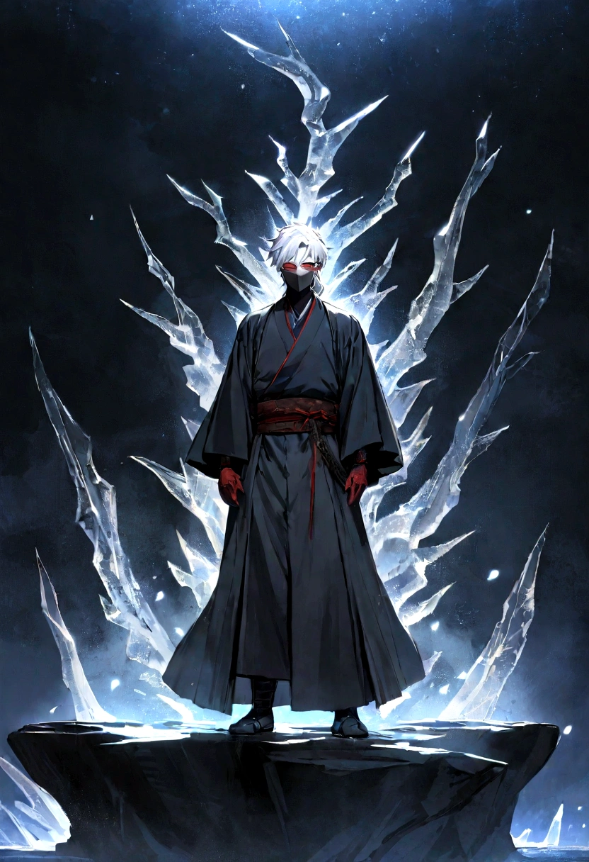 On a serene night, a young ninja with snow-white hair is standing on a rocky ledge, his face hidden by the gray mask of the Tsuchigumo clan. The mask covers the entire length of your face, from the forehead to the chin, adorned with striking red spirals that appear to gently pulse under the moonlight. Dressed in black shinobi clothing that waves gently in the night breeze, Hideo exudes an aura of unwavering calm and focus. Her short, white hair shines softly under the moonlight, standing out against the dark fabric of his robes. Around her, a crystalline ice dragon forms, its scales gleaming with a cold, translucent shine. The creature appears to materialize from Hideo&#39;s own chakra., hovering silently like an ethereal guardian beside the young ninja. The white mask that the ninja wears covers his entire face and has marks like red claws..