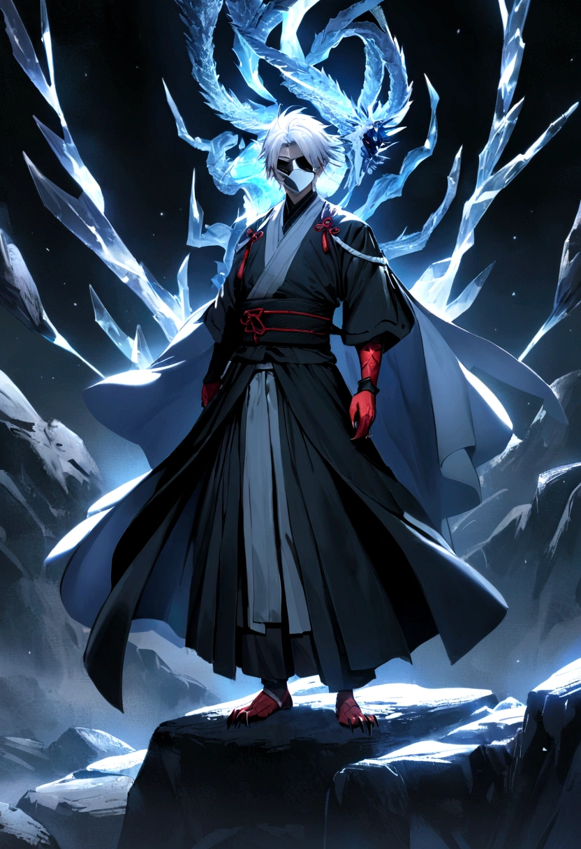 On a serene night, a young ninja with snow-white hair is standing on a rocky ledge, his face hidden by the gray mask of the Tsuchigumo clan. The mask covers the entire length of your face, from the forehead to the chin, adorned with striking red spirals that appear to gently pulse under the moonlight. Dressed in black shinobi clothing that waves gently in the night breeze, Hideo exudes an aura of unwavering calm and focus. Her short, white hair shines softly under the moonlight, standing out against the dark fabric of his robes. Around her, a crystalline ice dragon forms, its scales gleaming with a cold, translucent shine. The creature appears to materialize from Hideo&#39;s own chakra., hovering silently like an ethereal guardian beside the young ninja. The white mask that the ninja wears covers his entire face and has marks like red claws..