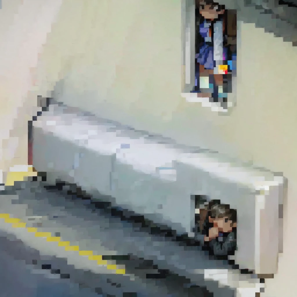 (pixel art_1.1)1female students, female students in front of me, female students is Sitting and sleeping on the train, standing on Young man, middle-aged Multiple Salaryman, pixel art, 8bit, NES