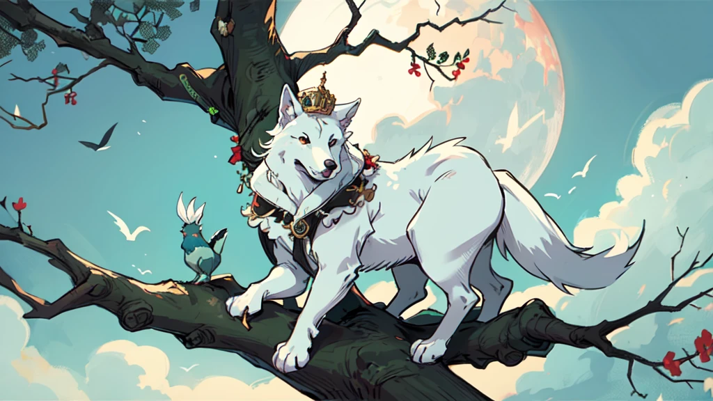 A white Big Fantasy Wolf sitting on top of a tree branch next to a moon