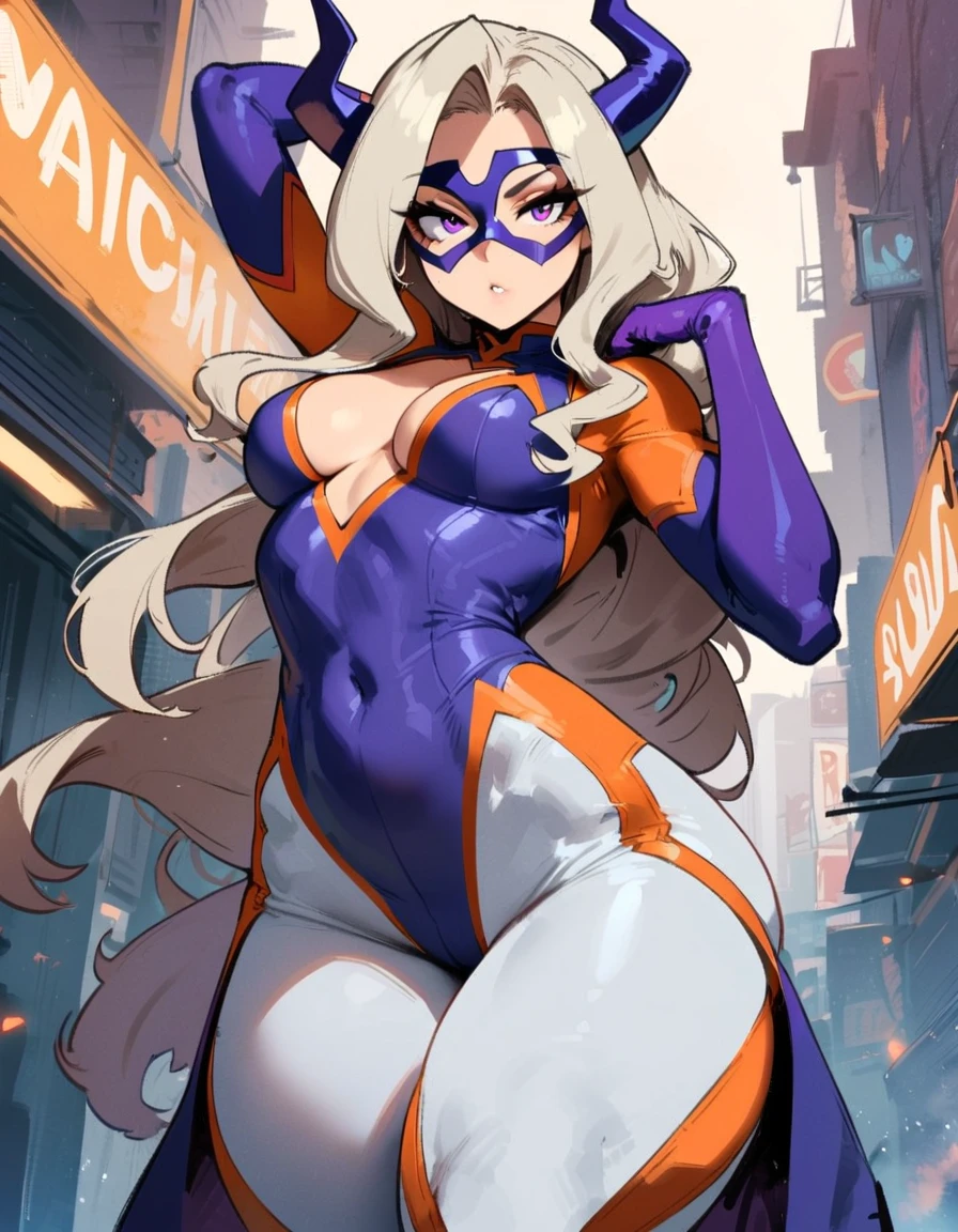 1girl, mount lady, boku no hero academia \\\\\ masterpiece, best quality, very aesthetic, absurdres, newest \\\\\\ slim body,///// ,by nyantcha,cutesexyrobutts , by khyle,,////// beautiful face, sexy, purple and pale tan-colored skintight bodysuit, which is accented with orange stripes. The suit appears to have a pair of purple gloves with orange accents on the edge of the cuff. The design is similar for her "boots" which are cut off at the thigh in a deep v-shape. The suit also has three peculiar orange diamond-shaped dots on the purple top that are located under her chest, and she also wears a purple domino mask with horn-like protrusions on the sides., city background, looking at viewer, close-up, purple eyes, ,, thin waist,\