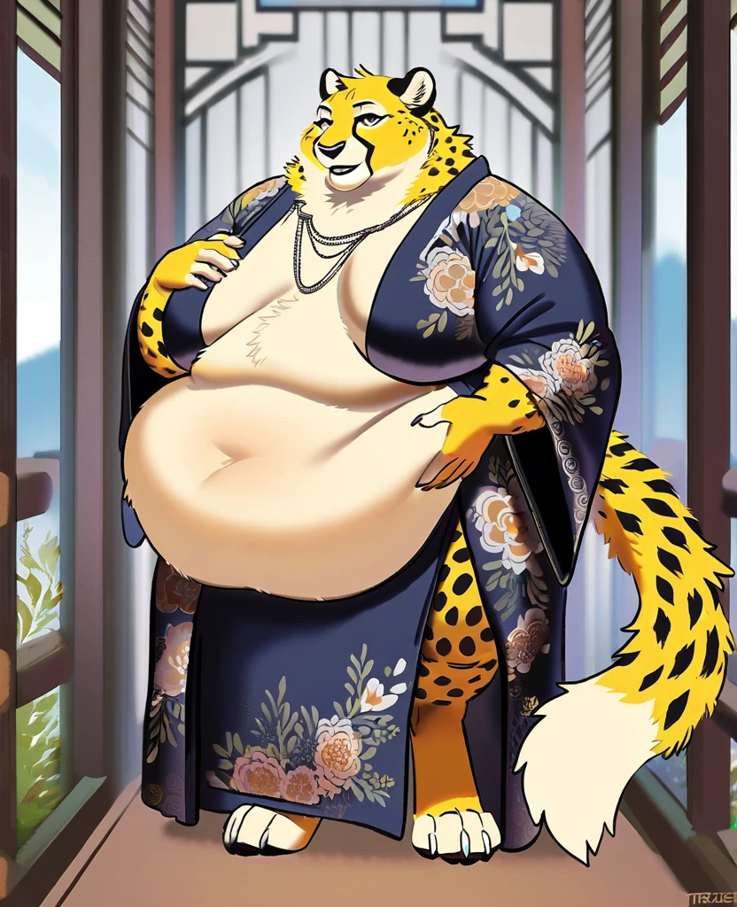 solo, female, anthro (cheetah), by tritscrits, (by botch:0.7), digitigrade, digital artwork, cheetah tail, mature female, sexy, ((detailed background)), golden yellow fur, looking at câmera, Female cheetah, fat, fat belly, fat thighs, fat arms, lovehandles, silver eyes, golden yellow fur, black cheetah markings, kimono, silver earrings, silver bracelets, silver rings, silver necklaces