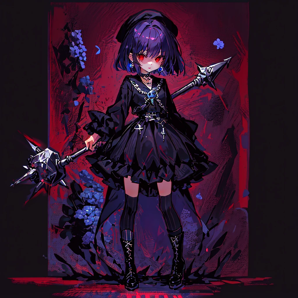 ultra detailed,best quality,game character, cool beauty, 1girl, solo,full body,standing,Low Angle,dynamic pose,character focus,simple background, {{yandere,short bob hair, deep purple hair, red eyes, closed mouth, jewelry, black beret,blue hydrangea corsage, earrings, choker, black Gothic punk Style,bell mini skirt, black and white striped over the knee socks, long black boots, holding a mjolnir hammer in both hands, standing ,100t hammer,huge tough hammer}},Crush the rock into small pieces and scatter the stone pieces,bell skirt
