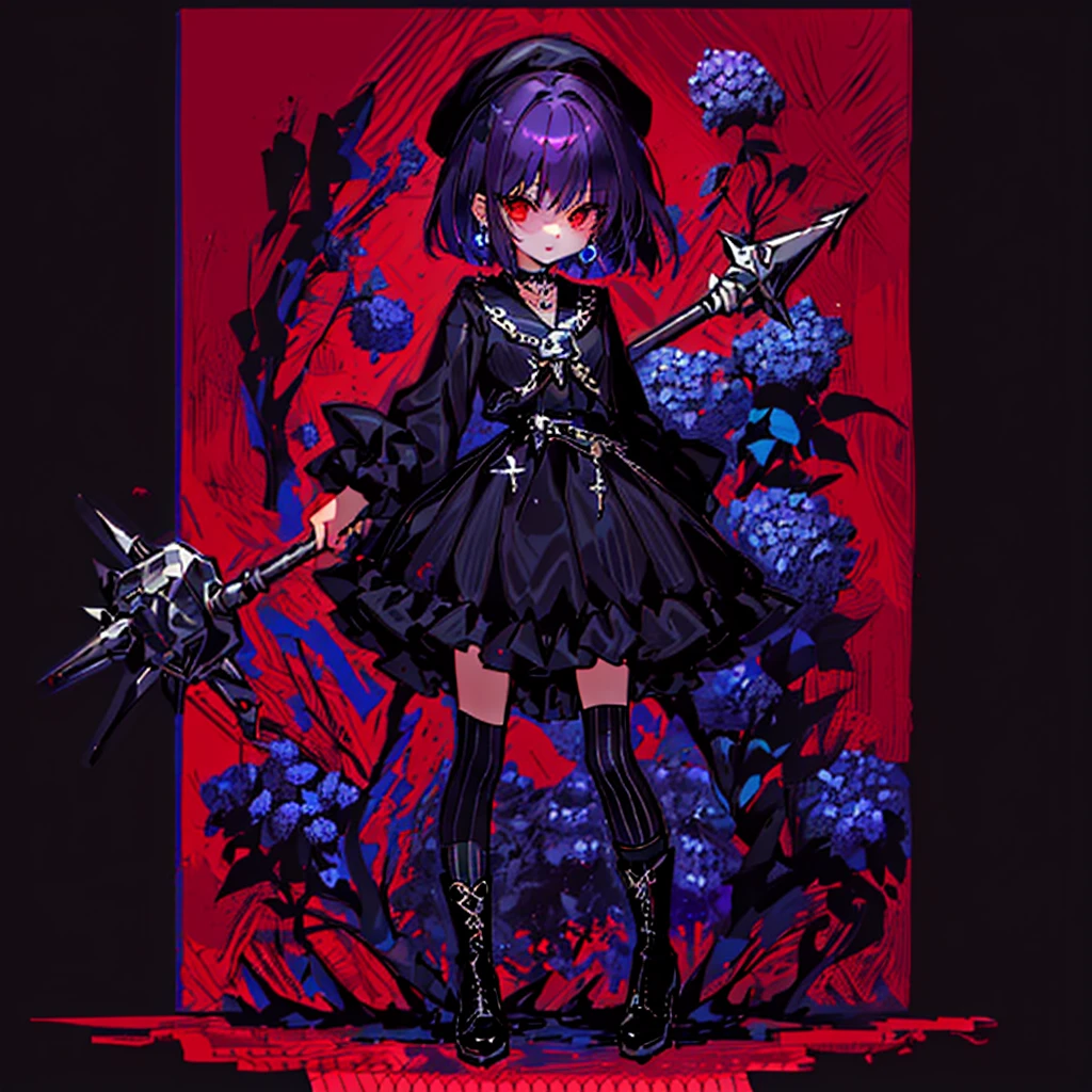 ultra detailed,best quality,game character, cool beauty, 1girl, solo,full body,standing,Low Angle,dynamic pose,character focus,simple background, {{yandere,short bob hair, deep purple hair, red eyes, closed mouth, jewelry, black beret,blue hydrangea corsage, earrings, choker, black Gothic punk Style,bell mini skirt, black and white striped over the knee socks, long black boots, holding a mjolnir hammer in both hands, standing ,100t hammer,huge tough hammer}},Crush the rock into small pieces and scatter the stone pieces,bell skirt
