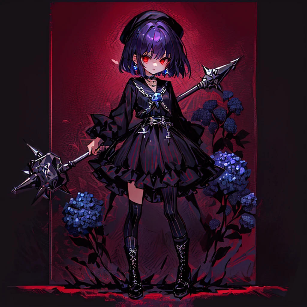 ultra detailed,best quality,game character, cool beauty, 1girl, solo,full body,standing,Low Angle,dynamic pose,character focus,simple background, {{yandere,short bob hair, deep purple hair, red eyes, closed mouth, jewelry, black beret,blue hydrangea corsage, earrings, choker, black Gothic punk Style,bell mini skirt, black and white striped over the knee socks, long black boots, holding a mjolnir hammer in both hands, standing ,100t hammer,huge tough hammer}},Crush the rock into small pieces and scatter the stone pieces,bell skirt
