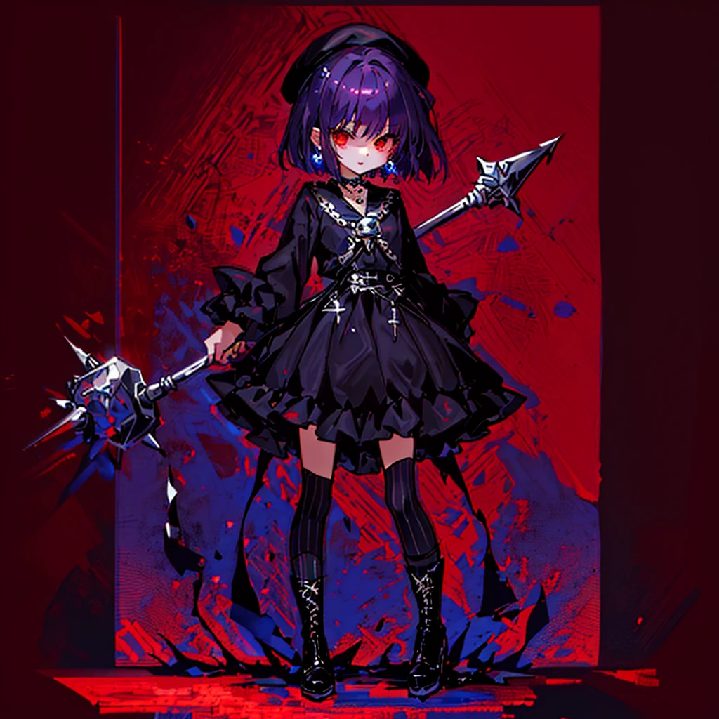 ultra detailed,best quality,game character, cool beauty, 1girl, solo,full body,standing,Low Angle,dynamic pose,character focus,simple background, {{yandere,short bob hair, deep purple hair, red eyes, closed mouth, jewelry, black beret,blue hydrangea corsage, earrings, choker, black Gothic punk Style,bell mini skirt, black and white striped over the knee socks, long black boots, holding a mjolnir hammer in both hands, standing ,100t hammer,huge tough hammer}},Crush the rock into small pieces and scatter the stone pieces,bell skirt
