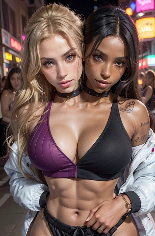 50-year-old dark skinned Nigerian woman named Biena and, her Vietnamese lover with icy blonde hair named Estella, party girls, 2000’s ravers, modern era partiers, (hugging each other tight, squishing their bodies together, slow dancing, hanging in her arms, flowing together), gazing at each other, in love, lusting after each other, they had sex together, (detailed 2000’s concert, rave, festival, dark) (( Estella is a Vietnamese woman, icy blonde hair, wavy hair, shoulder length hair, bangs over forehead, lots of freckles all over her body, slim body, fit body, young woman, asian skin, almond skin, almond eyes)), ((Biena is 50-year-old, sexy, black short and straight hair, bangs, dark brown African skin, suntanned skin, black skin, onyx skin, ebony skin, thick thighs, slightly chubby, middle aged, mother, face wrinkles)), ultra-realistic photo, feminine features, ((both have very different facial features, ethnicities, and skin colors)), ((wearing modern street clothes, tube top, sweats, light jacket, low neckline, tattoos, jewelry)), conjoined, 2 heads, different heads, different skin colors, vitiligo, harsh mixing, clear boundary where skin color changes, smooth transition, contrasting skin colors