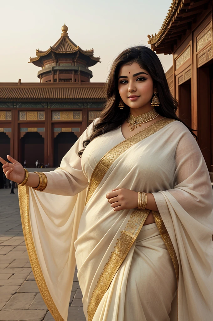 1 Heavenly beautiful and goddess beauty cute and sweet looking face Arabian female in front of Forbidden City, China, Heavenly beautiful Overweight, Heavenly beautiful Extremely fat, Heavenly beautiful and attractive Chubby figure , Heavenly beautiful looking and eye catching luxury style Kancheepuram Saree , reaching out, Heavenly beautiful Arabian woman, 16k, High resolution, masterpiece, highest quality, fine skin, outside view, Realistic Photograph