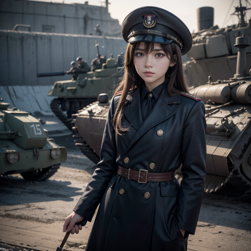 Create an anime character, wearing Soviet navy uniform during World War II, in a war scenario.