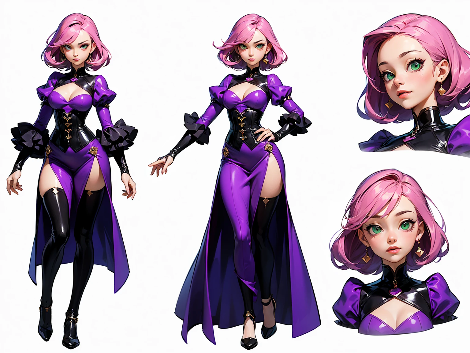 ((masterpiece)),(((best quality))),((character design sheet)), ((full body view)) illustration,1girl, muscular, ((tight purple dress:1.2)), pink hair, purpledress ((detailed face:1.4)) beautiful woman, tall hair, (black corset:1.2)shiny skin, green eyes, scribbles and marks, rough sketches, pose, 8k,16k, (simple background, white background: 1.3)