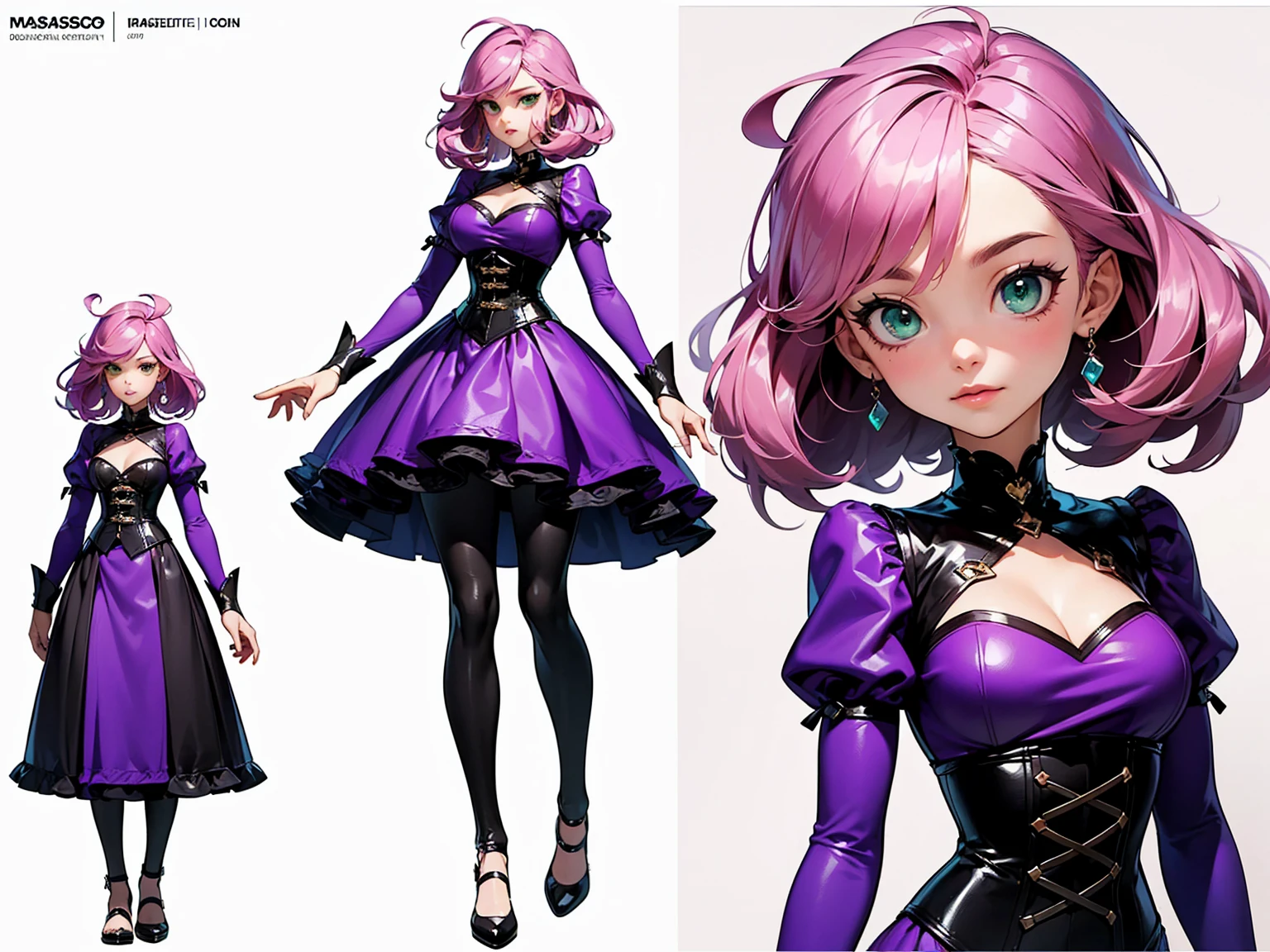 ((masterpiece)),(((best quality))),((character design sheet)), ((full body view)) illustration,1girl, muscular, ((tight purple dress:1.2)), pink hair, purpledress ((detailed face:1.4)) beautiful woman, tall hair, (black corset:1.2)shiny skin, green eyes, scribbles and marks, rough sketches, pose, 8k,16k, (simple background, white background: 1.3)