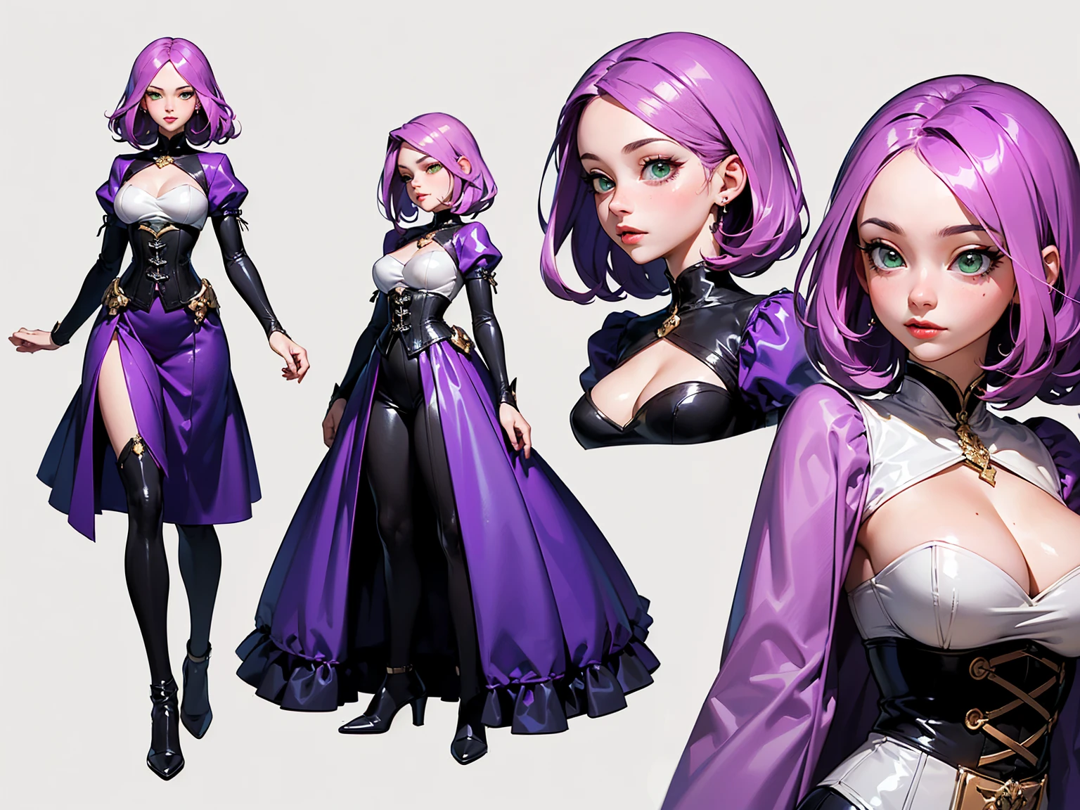 ((masterpiece)),(((best quality))),((character design sheet)), ((full body view)) illustration,1girl, muscular, ((tight purple dress:1.2)), pink hair, purpledress ((detailed face:1.4)) beautiful woman, tall hair, (black corset:1.2)shiny skin, green eyes, scribbles and marks, rough sketches, pose, 8k,16k, (simple background, white background: 1.3)