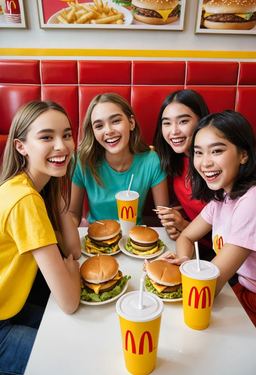 italy. A highly realistic scene of three age girls and one younger girl celebrating together at a McDonald's restaurant in the evening. The group is seated around a table filled with trays of hamburgers, fries, and cups of orange soda. The teens, all around 13 yearse younger girl, around 8 years old, are dreorful spring outfits: cheerful skirts and bright t-shirts. Their faces are lit up with laughter and excitement as they enjoy their meal. The table is surrounded by the lively, casual atmosphere of the restaurant, with other patrons chatting and enjoying their food. In the background, iconic McDonald's decor is visible, including the familiar red and yellow color scheme, a menu board, and a counter. The scene captures the joy and energy of their celebration, with the vibrant colors of their outfits and the festive ambiance of McDonald's enhancing the cheerful mood of the gathering