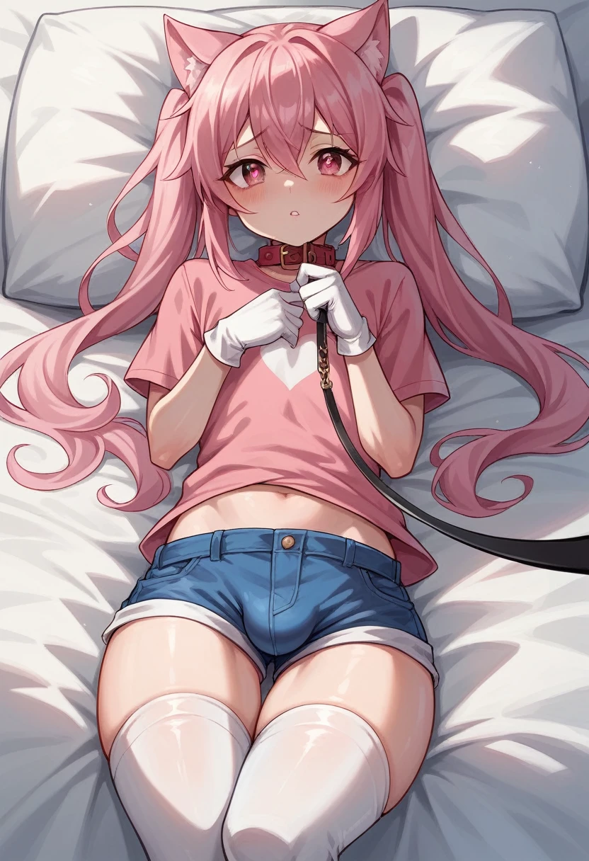 nothing, perfect white skin, detailed artwork, shiny pink hair, PINK CAT Ears, god of eyes, pink eyes, pink heart shaped eyes, long pink shirt, long shirt covering private parts, white silk gloves, warm pink, white thigh highs, cute thighs, short shorts, silk stockings, femboy, fluffly, sword in scabbard hanging on back, Grinning, holding a leash, Part 1