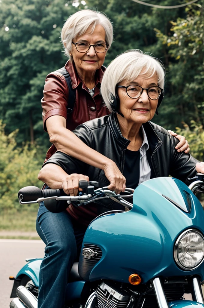 Old woman, short hair, glasses, on top of a motorcycle with a passenger vice