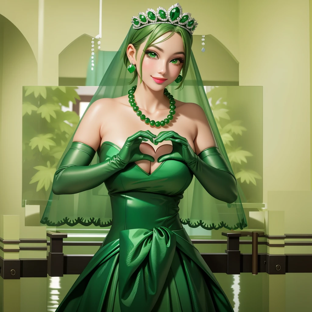 Emerald tiara, Green Pearl Necklace, ボーイッシュな非常に短いGreen Hair, Green Lips, Smiling Japanese woman, Very short hair, Busty beautiful lady, Green Eyes, Green satin long gloves, Green Eyes, Emerald Earrings, Green veil, Heart with both hands, Green Hair, Beautiful Japanese Woman, Heart shaped hands:1.3, green lip gloss