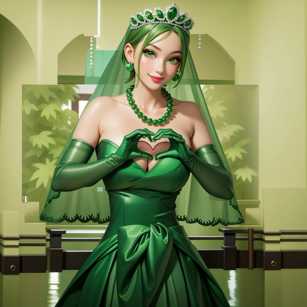 Emerald tiara, Green Pearl Necklace, ボーイッシュな非常に短いGreen Hair, Green Lips, Smiling Japanese woman, Very short hair, Busty beautiful lady, Green Eyes, Green satin long gloves, Green Eyes, Emerald Earrings, Green veil, Heart with both hands, Green Hair, Beautiful Japanese Woman, Heart shaped hands:1.3, green lip gloss