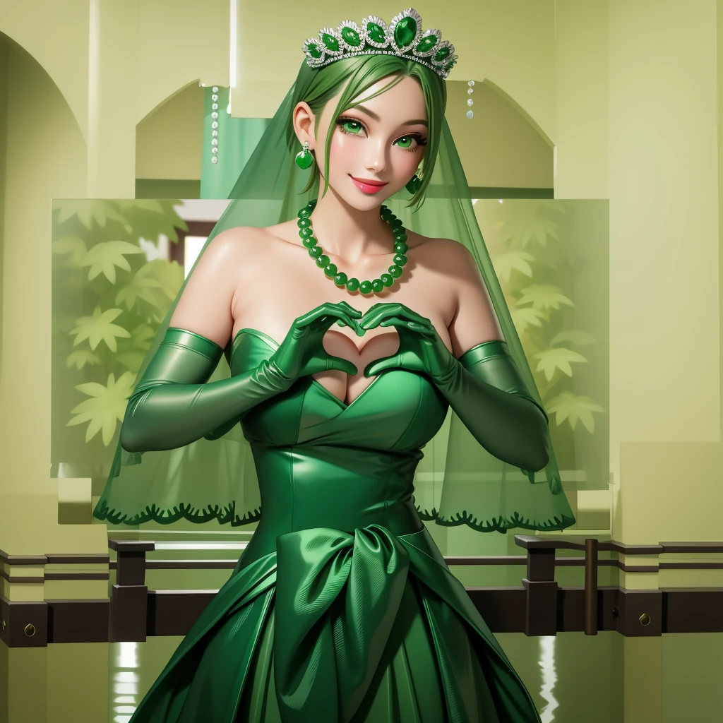 Emerald tiara, Green Pearl Necklace, ボーイッシュな非常に短いGreen Hair, Green Lips, Smiling Japanese woman, Very short hair, Busty beautiful lady, Green Eyes, Green satin long gloves, Green Eyes, Emerald Earrings, Green veil, Heart with both hands, Green Hair, Beautiful Japanese Woman, Heart shaped hands:1.3, green lip gloss