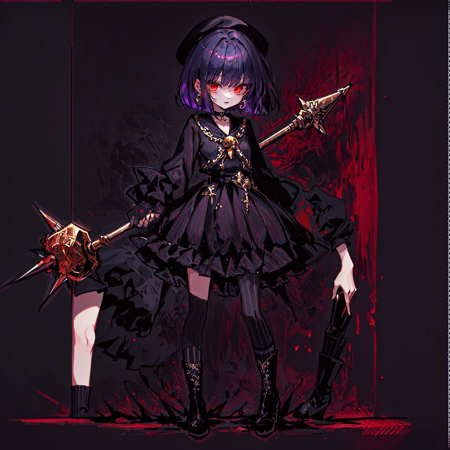 ultra detailed,best quality,game character, cool beauty, 1girl, solo,full body,standing,Low Angle,dynamic pose,character focus,simple background, {{yandere,short bob hair, deep purple hair, red eyes, closed mouth, jewelry, black beret,blue hydrangea corsage, earrings, choker, black Gothic punk Style,bell mini skirt, black and white striped over the knee socks, long black boots, holding a mjolnir hammer in both hands, standing ,100t hammer,huge tough hammer}},Crush the rock into small pieces and scatter the stone pieces,bell skirt
