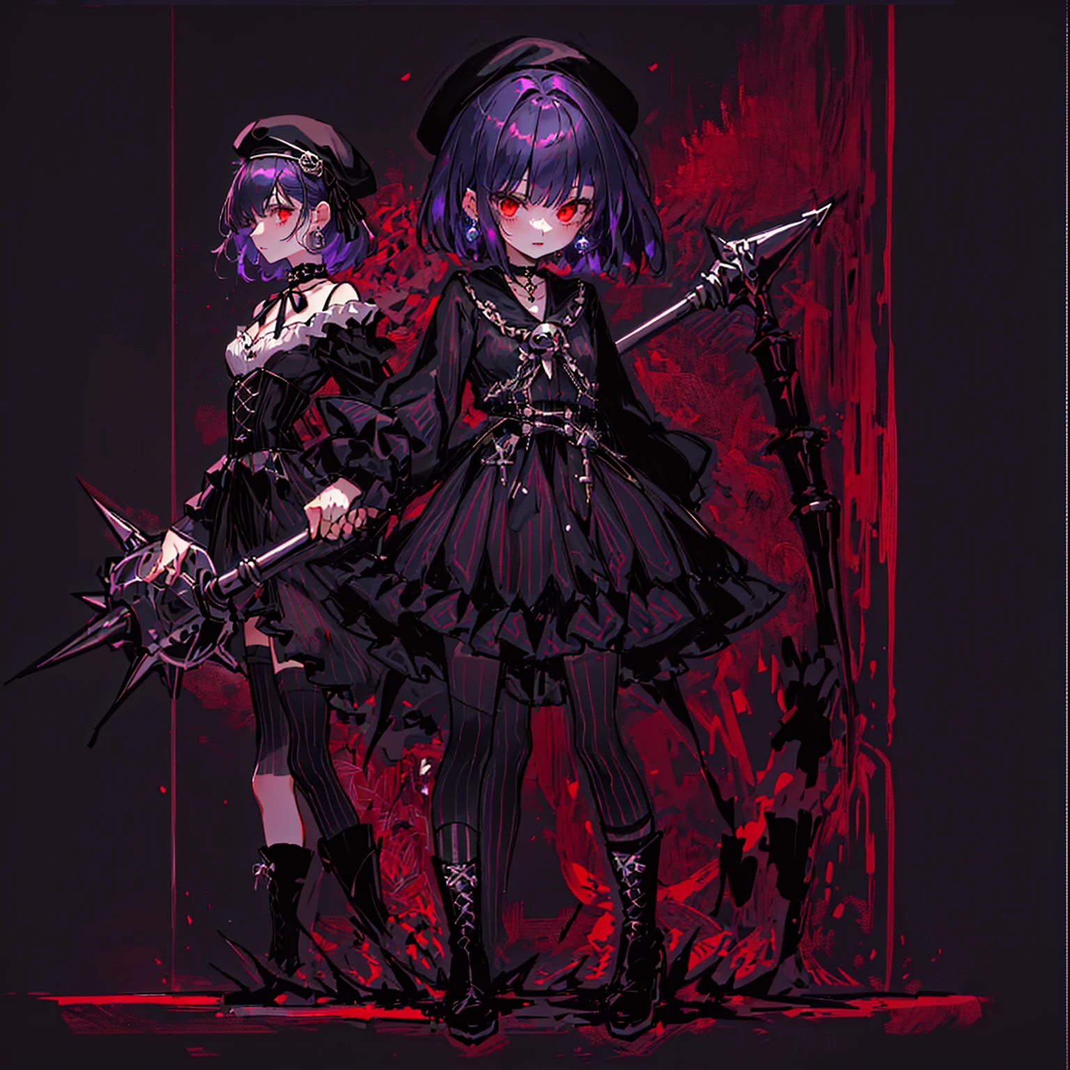 ultra detailed,best quality,game character, cool beauty, 1girl, solo,full body,standing,Low Angle,dynamic pose,character focus,simple background, {{yandere,short bob hair, deep purple hair, red eyes, closed mouth, jewelry, black beret,blue hydrangea corsage, earrings, choker, black Gothic punk Style,bell mini skirt, black and white striped over the knee socks, long black boots, holding a mjolnir hammer in both hands, standing ,100t hammer,huge tough hammer}},Crush the rock into small pieces and scatter the stone pieces,bell skirt
