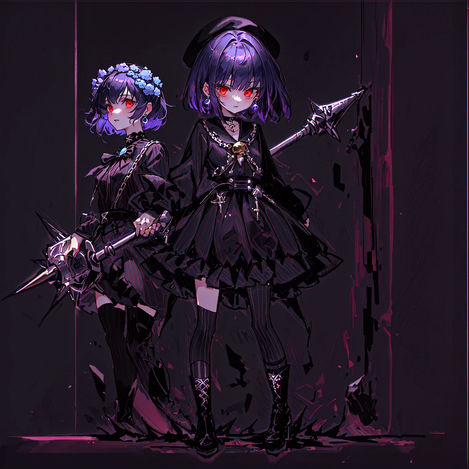 ultra detailed,best quality,game character, cool beauty, 1girl, solo,full body,standing,Low Angle,dynamic pose,character focus,simple background, {{yandere,short bob hair, deep purple hair, red eyes, closed mouth, jewelry, black beret,blue hydrangea corsage, earrings, choker, black Gothic punk Style,bell mini skirt, black and white striped over the knee socks, long black boots, holding a mjolnir hammer in both hands, standing ,100t hammer,huge tough hammer}},Crush the rock into small pieces and scatter the stone pieces,bell skirt
