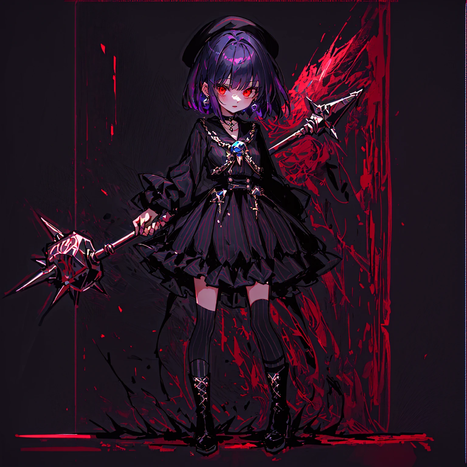 ultra detailed,best quality,game character, cool beauty, 1girl, solo,full body,standing,Low Angle,dynamic pose,character focus,simple background, {{yandere,short bob hair, deep purple hair, red eyes, closed mouth, jewelry, black beret,blue hydrangea corsage, earrings, choker, black Gothic punk Style,bell mini skirt, black and white striped over the knee socks, long black boots, holding a mjolnir hammer in both hands, standing ,100t hammer,huge tough hammer}},Crush the rock into small pieces and scatter the stone pieces,bell skirt
