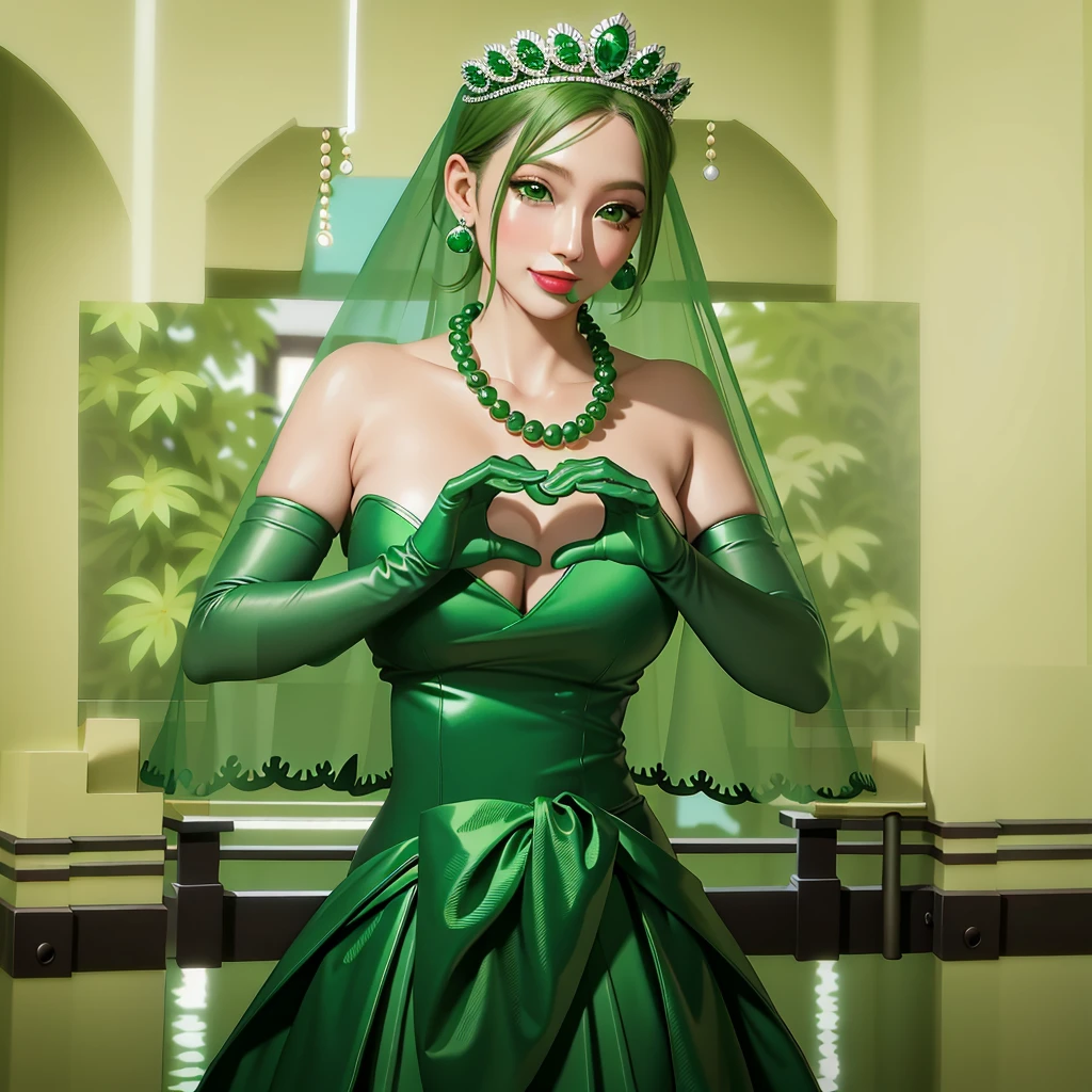 emerald tiara, Green Pearl Necklace, Boyish very short green hair, Green Lips, Smiling Japanese woman, Very short hair, Busty beautiful lady, Green Eyes, Green satin long gloves, Green Eyes, Emerald Earrings, Green veil, Heart with both hands, Green Hair, Beautiful Japanese Women, Heart shaped hands:1.3, green lip gloss