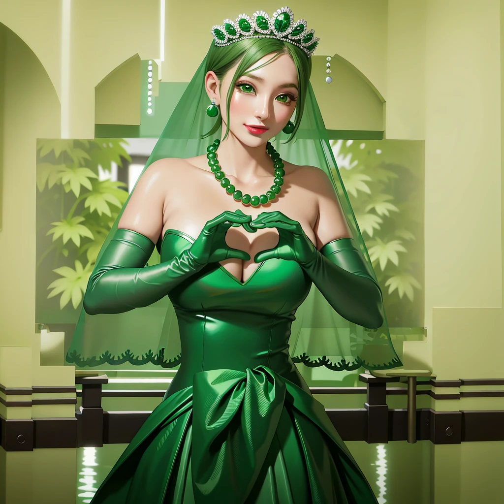 Emerald tiara, Green Pearl Necklace, ボーイッシュな非常に短いGreen Hair, Green Lips, Smiling Japanese woman, Very short hair, Busty beautiful lady, Green Eyes, Green satin long gloves, Green Eyes, Emerald Earrings, Green veil, Heart with both hands, Green Hair, Beautiful Japanese Woman, Heart shaped hands:1.3, green lip gloss