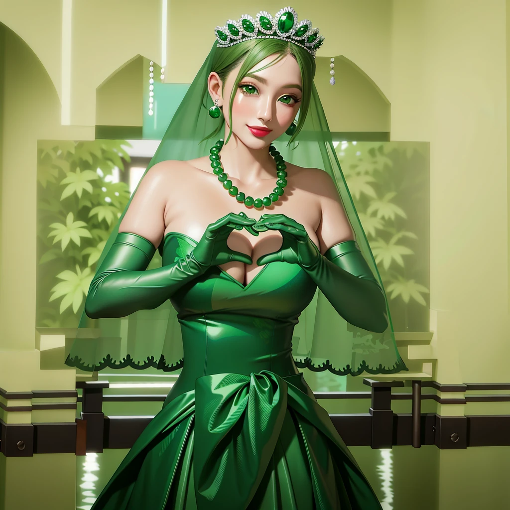 emerald tiara, Green Pearl Necklace, Boyish very short green hair, Green Lips, Smiling Japanese woman, Very short hair, Busty beautiful lady, Green Eyes, Green satin long gloves, Green Eyes, Emerald Earrings, Green veil, Heart with both hands, Green Hair, Beautiful Japanese Woman, Heart shaped hands:1.3, green lip gloss