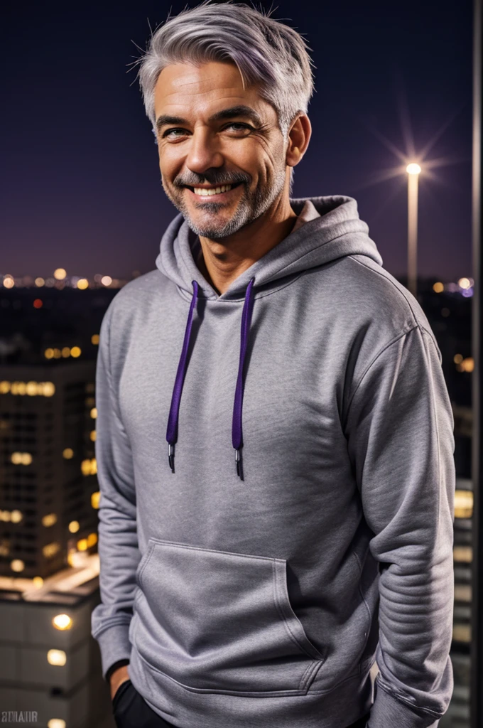 A man, gray hair and purple eyes, short hairstylist, white hoodie, top of the building, night, badass, evil smile