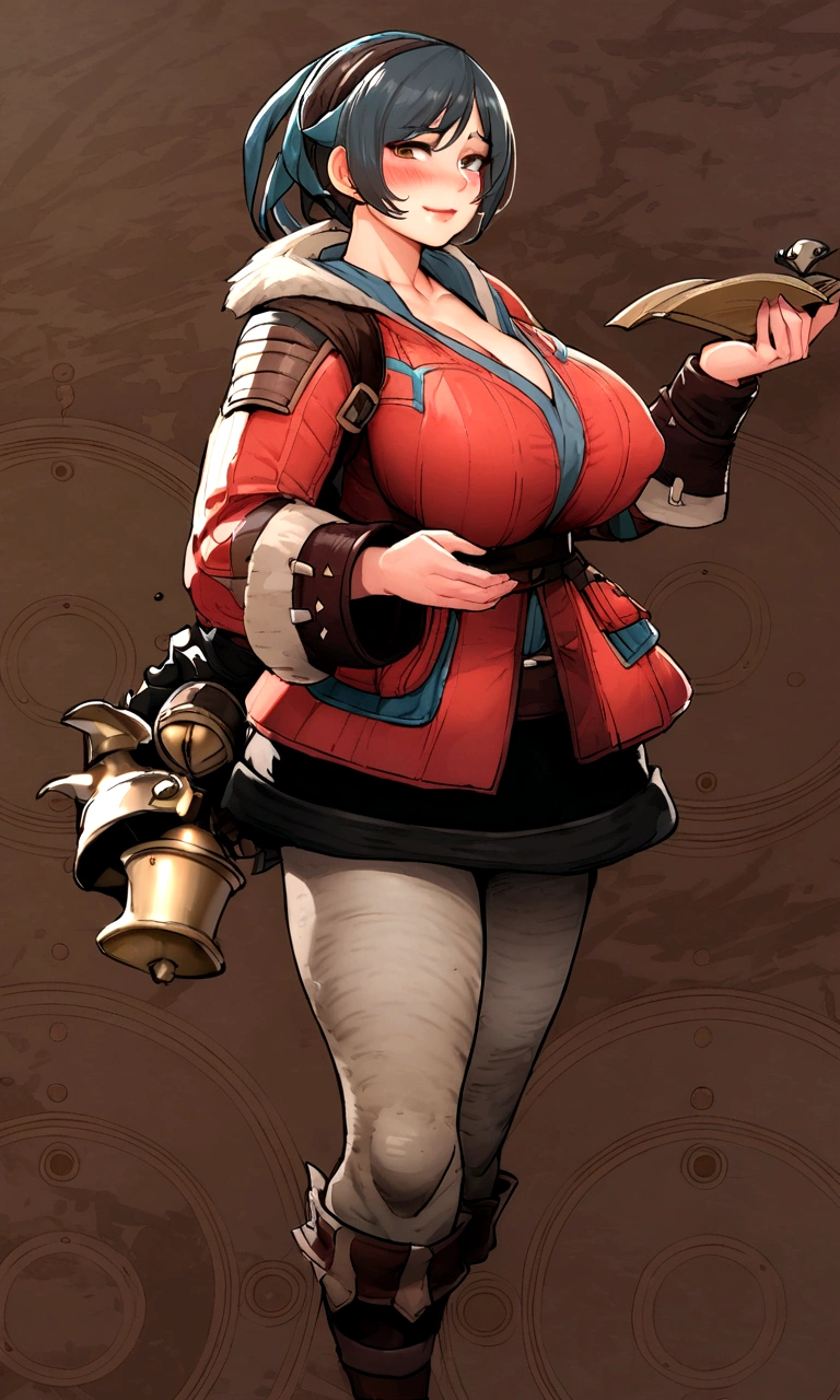 ((monsterhunter)), looking the viewer, solo, girl, shy, red cheek, bashful, embarrassed, smiling, perfect face, muscular, ((big breasts)), ((big boobs)), long hair, beautiful eye,