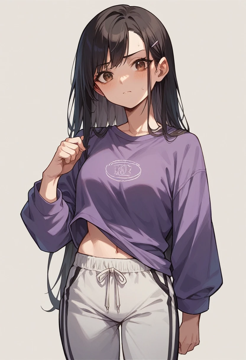 girl with black hair, brown eyes, purple shirt with letters in the middle and sweatpants