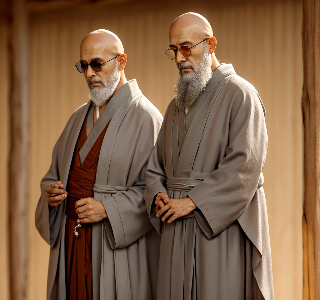 Create a highly detailed and realistic portrait of a monk with a bald head and a gray beard. The monk should be wearing traditional robes in shades of brown and orange, and he should have prayer beads around his neck. The background should be simple and slightly blurred, with warm, earthy tones to highlight the serene and wise appearance of the monk. The lighting should be soft, casting gentle shadows to emphasize the texture of the robes and the contemplative expression on the monk's face.