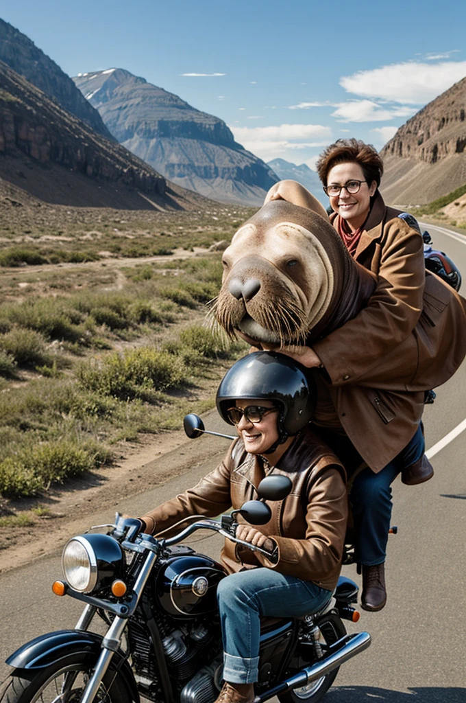 1 older woman, short hair, glasses, on top of a motorcycle with 1 walrus animal as a passenger