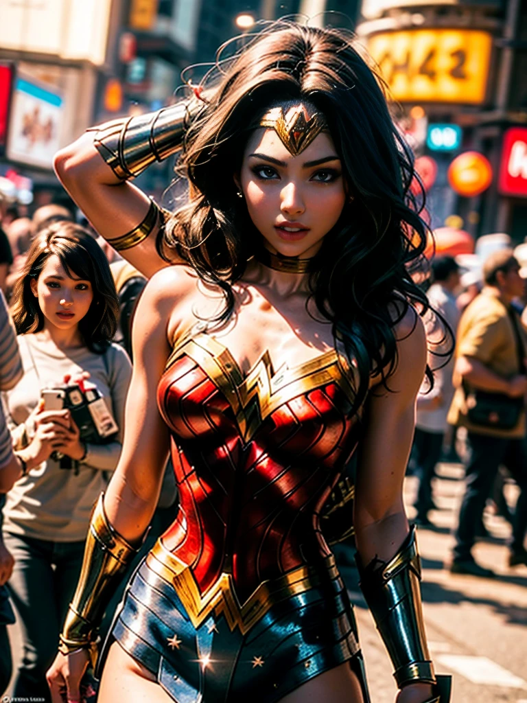 bokeh f1.8, ((bokeh light)), good anatomy, good eyes, work of art, cinematic light, {{Depth of field}}, hyper detail, 1womanl, trunk(Wonder Woman, Modeled by Victoria&#39;s secret, reinvented with a new outfit), with batman fighting in the background, Solteiro, whole body, (details Intricate, make up), (Delicate and beautiful and delicate face, delicate and beautiful delicate eyes, face with perfect proportions), High-detail skin, delicate skin, better proportions: four fingers and a thumb, strong and realistic blue eyes, realistic black hair, lips, make up, natural skin texture,  tiara, skintight, bulletproof fists, red boots, (public clothing:1.3), slightly sunburned, mellow, sensuous, muscles tonificados:1.3), ((strong and healthy body)), (((mer) muscles))), body soaking wet, hair wet, Legs long, curves, thick-thighs, Wide buttocks, fine legs, (breasts big: 1.2), Waist slender, soft waist, (delicate skin), (shining skin:1.3), (beautiful and sensuous woman), (swollen lips: 0.9), (eyelash:  1.2), very delicate muscular definition, dark laboratory patrol, Poor lighting, 真实感,