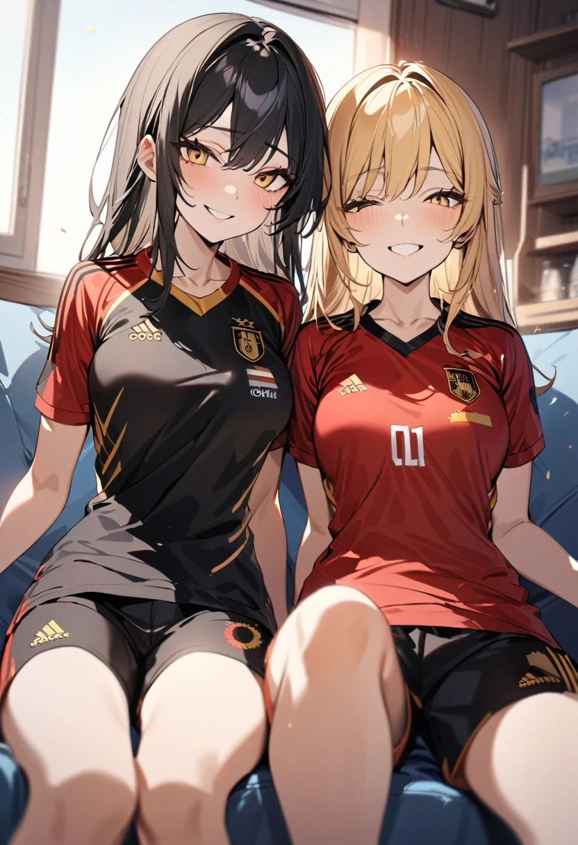 (award winning, 8k, super detailed, high resolution, best quality) , photography, (two girls), girl on the left with blonde hair in ((spain soccer uniform)) and smirk expression, girl on the right with black hair in ((germany soccer uniform)) and (timid expression), (sitting side by side), ((beautiful girls)), watching football.