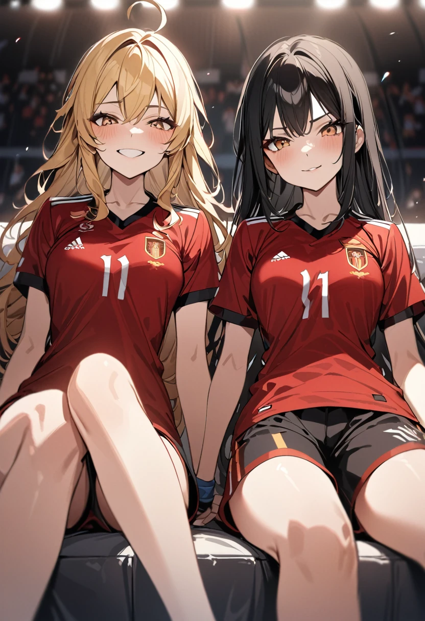 (award winning, 8k, super detailed, high resolution, best quality) , photography, (two girls), girl on the left with blonde hair in ((spain soccer uniform)) and smirk expression, girl on the right with black hair in ((germany soccer uniform)) and (timid expression), (sitting side by side), ((beautiful girls)), watching football.