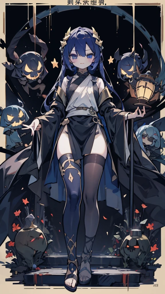 Masterpiece, best quality, Scathach, solo, female1, shin megami tensei, cape hat, black and blue cape, flower tattoo, gloves, white skin, (yellow eyes 1.1), flowing, sitting, shirt, smile, bed, bedroom 