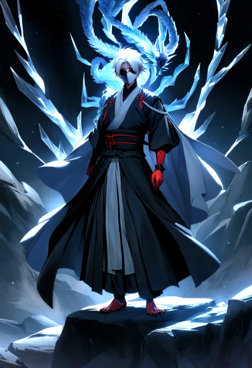 On a serene night, a young ninja with snow-white hair is standing on a rocky ledge, his face hidden by the gray mask of the Tsuchigumo clan. The mask covers the entire length of your face, from the forehead to the chin, adorned with striking red spirals that appear to gently pulse under the moonlight. Dressed in black shinobi clothing that waves gently in the night breeze, Hideo exudes an aura of unwavering calm and focus. Her short, white hair shines softly under the moonlight, standing out against the dark fabric of his robes. Around her, a crystalline ice dragon forms, its scales gleaming with a cold, translucent shine. The creature appears to materialize from Hideo&#39;s own chakra., hovering silently like an ethereal guardian beside the young ninja. The white mask that the ninja wears covers his entire face and has marks like red claws.. Made from translucent, sparkling ice crystals, each scale glistens with a cold, crystalline shine in the moonlight. His eyes are deep and piercing, glowing with a bluish intensity that contrasts with the dark surroundings.

The dragon&#39;s wings are majestic, stretching wide as if made of thin sheets of ice that catch the reflections of the moon&#39;s silvery light. As the dragon moves, little snowflakes fall off your wings, adding an ethereal touch to its imposing form.

The dragon&#39;s every movement feels fluid and powerful, as if he were a natural extension of Hideo&#39;s own chakra. Despite his icy appearance, there is a sense of life and energy pulsing through your form, evoking a presence that is both menacing and fascinating.

In the silence of the night, the ice dragon hovers around Hideo with serene elegance, a silent witness to his mastery over Hyōton ninjutsu and a manifestation of his extraordinary skill as a shinobi.



