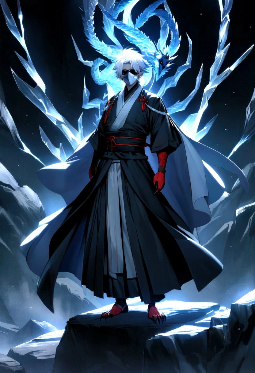 On a serene night, a young ninja with snow-white hair is standing on a rocky ledge, his face hidden by the gray mask of the Tsuchigumo clan. The mask covers the entire length of your face, from the forehead to the chin, adorned with striking red spirals that appear to gently pulse under the moonlight. Dressed in black shinobi clothing that waves gently in the night breeze, Hideo exudes an aura of unwavering calm and focus. Her short, white hair shines softly under the moonlight, standing out against the dark fabric of his robes. Around her, a crystalline ice dragon forms, its scales gleaming with a cold, translucent shine. The creature appears to materialize from Hideo&#39;s own chakra., hovering silently like an ethereal guardian beside the young ninja. The white mask that the ninja wears covers his entire face and has marks like red claws.. Made from translucent, sparkling ice crystals, each scale glistens with a cold, crystalline shine in the moonlight. His eyes are deep and piercing, glowing with a bluish intensity that contrasts with the dark surroundings.

The dragon&#39;s wings are majestic, stretching wide as if made of thin sheets of ice that catch the reflections of the moon&#39;s silvery light. As the dragon moves, little snowflakes fall off your wings, adding an ethereal touch to its imposing form.

The dragon&#39;s every movement feels fluid and powerful, as if he were a natural extension of Hideo&#39;s own chakra. Despite his icy appearance, there is a sense of life and energy pulsing through your form, evoking a presence that is both menacing and fascinating.

In the silence of the night, the ice dragon hovers around Hideo with serene elegance, a silent witness to his mastery over Hyōton ninjutsu and a manifestation of his extraordinary skill as a shinobi.



