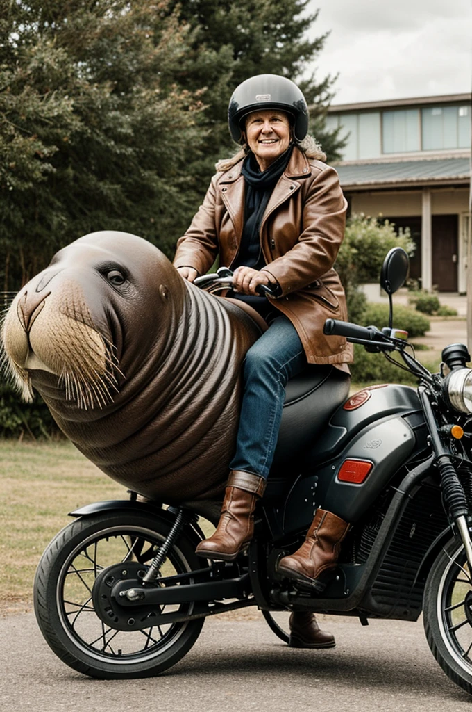 1 Older woman riding a walrus as if it were a motorcycle