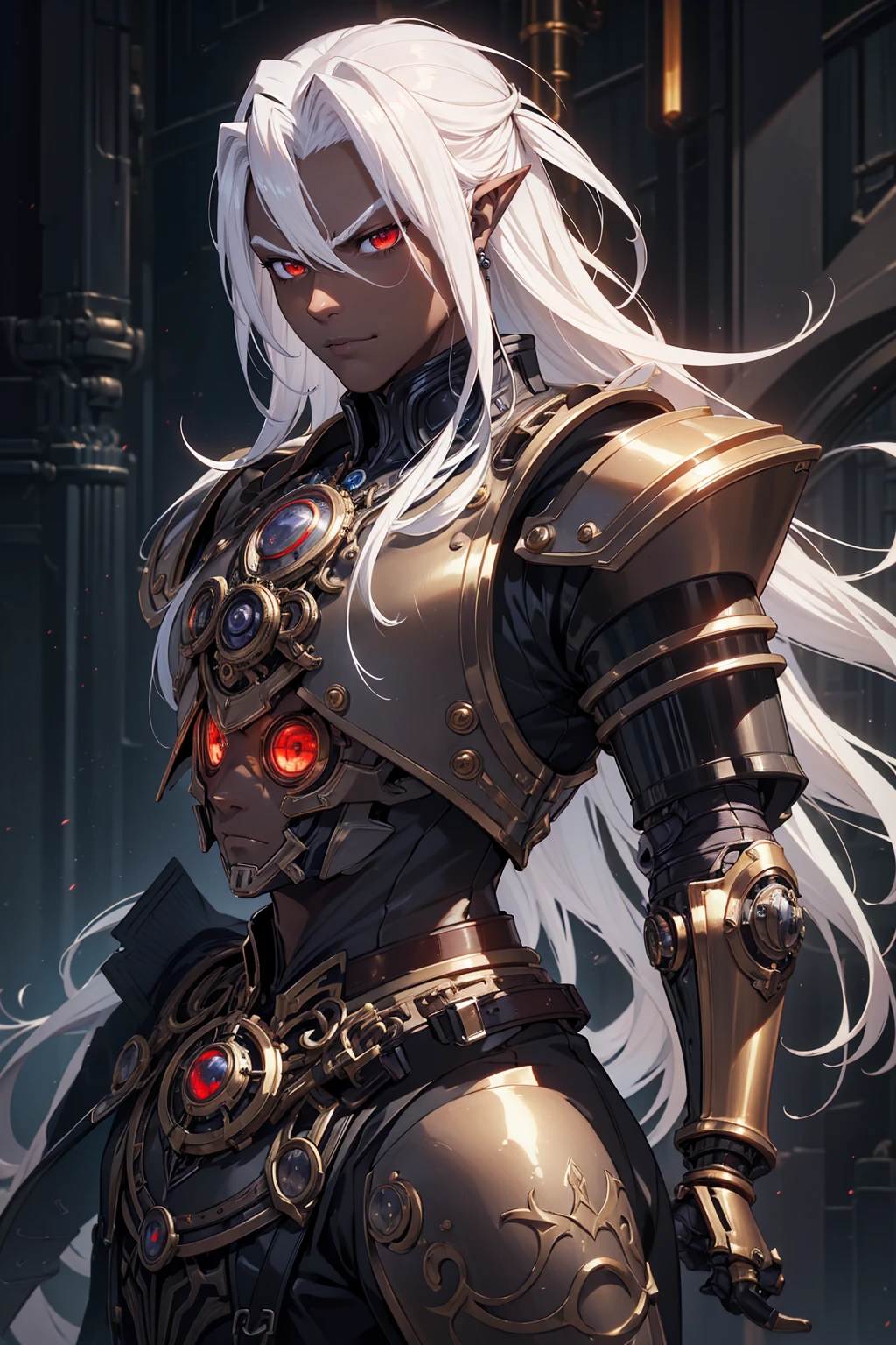 ((best quality)), ((masterpiece)), (detailed), ((boy)), ((mechanical armor)), (steampunk), (serious), dark skinned, human, upper body, portrait, red eyes, long white hair, Xemnas from Kingdom Hearts, half-drow, pointy ears, serious face, similar image