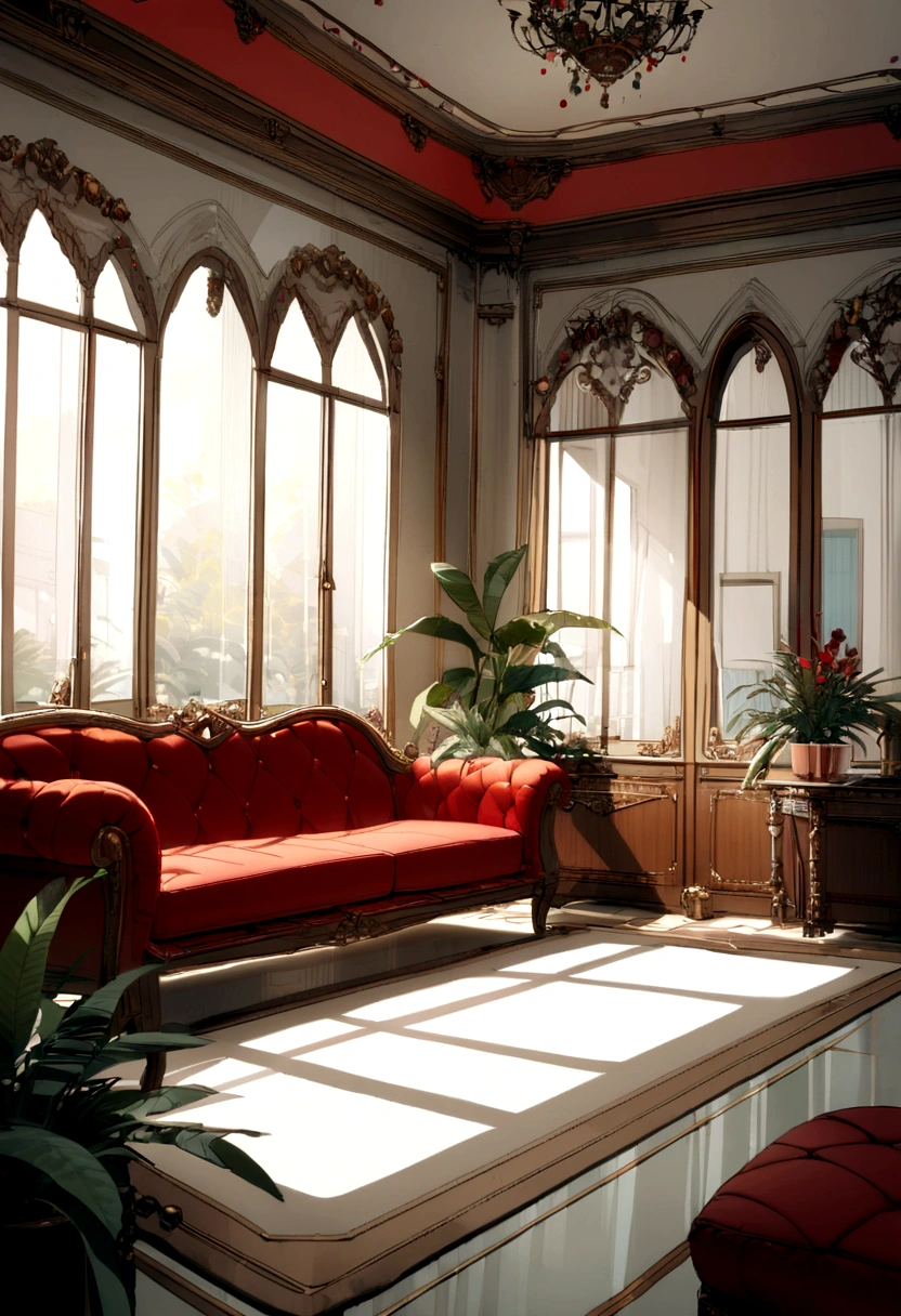 A room with tall white walls , Just a large whiteboard protected by glass, Sitting on a red sofa, There are two simple plants on either side of the sofa., The floor is made of light-colored wood, Decorations are few in light beige and red tones, The room is bright and bright.