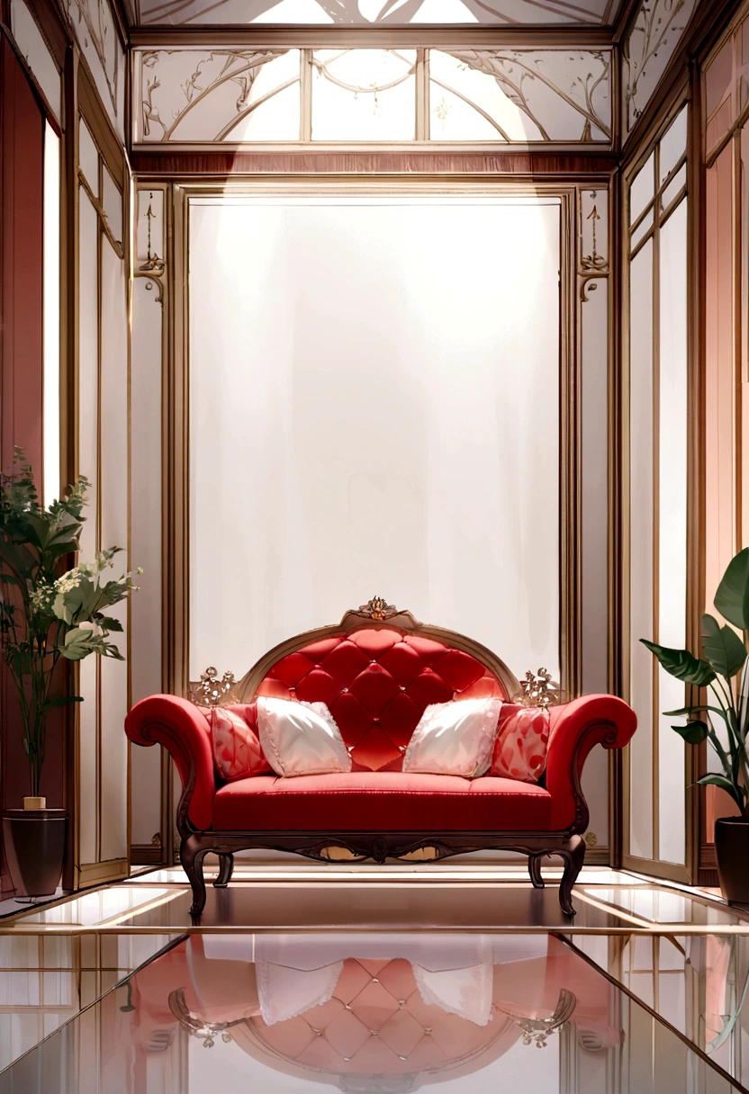A room with tall white walls , Just a large whiteboard protected by glass, Sitting on a red sofa, There are two simple plants on either side of the sofa., The floor is made of light-colored wood, Decorations are few in light beige and red tones, The room is bright and bright.