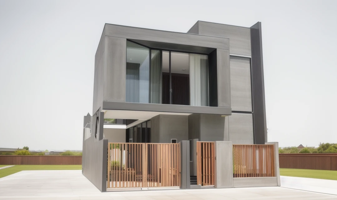 RAW photo of house, two floors, Modern style, closed facade, Slate material, white concrete, wood, external stairs, lots of green space, daylight, Dark, amount of light: :1.5, warm light, highlight::1.5, art trend target light, studio photo, intricate details, luxurious and spacious, beautiful, realistic, 32k uhd, Noon.